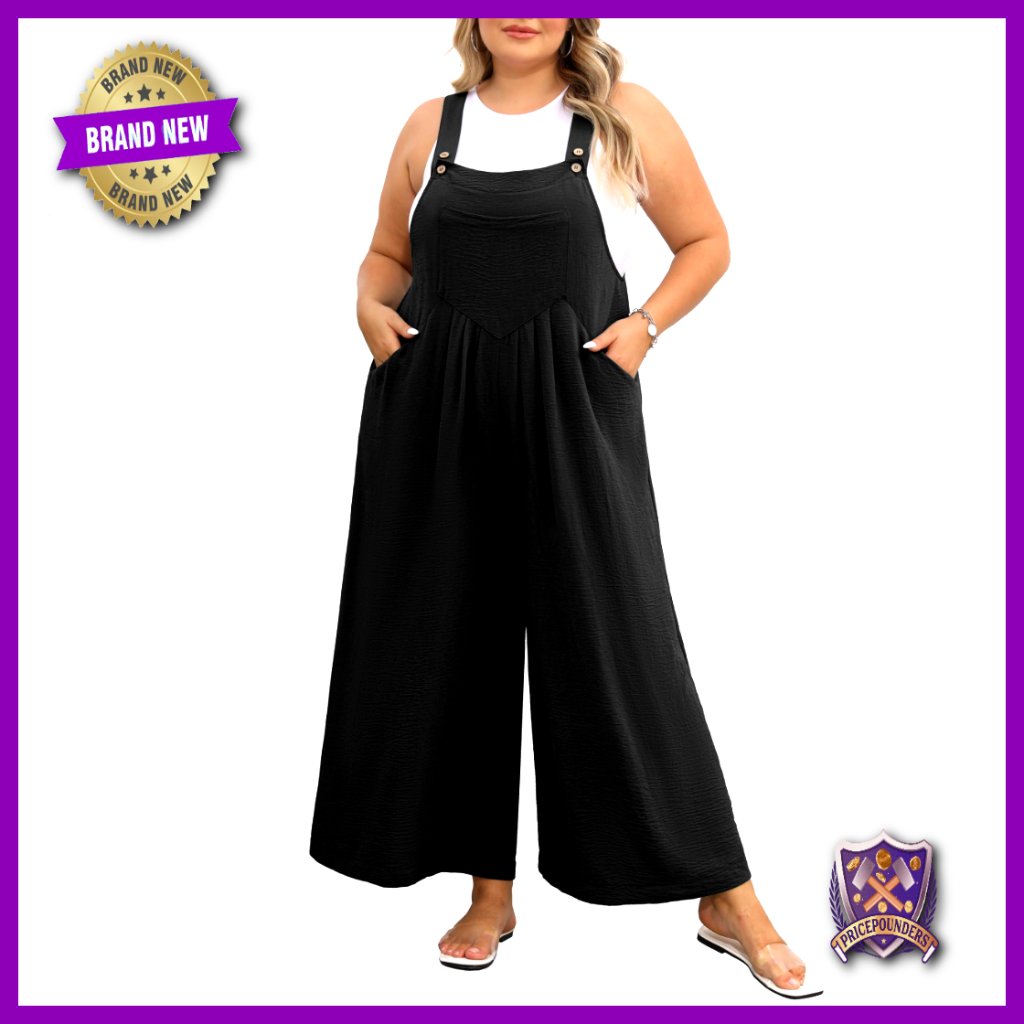 Plus Size Wide Leg Jumpsuit Adjustable Straps Pockets Summer Romper